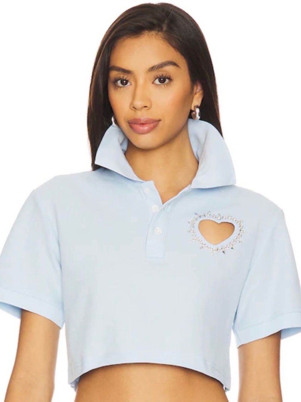 AREA Crystal Heart Cutout Cropped Polo Top in Baby Blue SIZE L